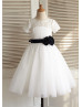 Ivory Lace Tulle Heart Hole Back Knee Length Flower Girl Dress 